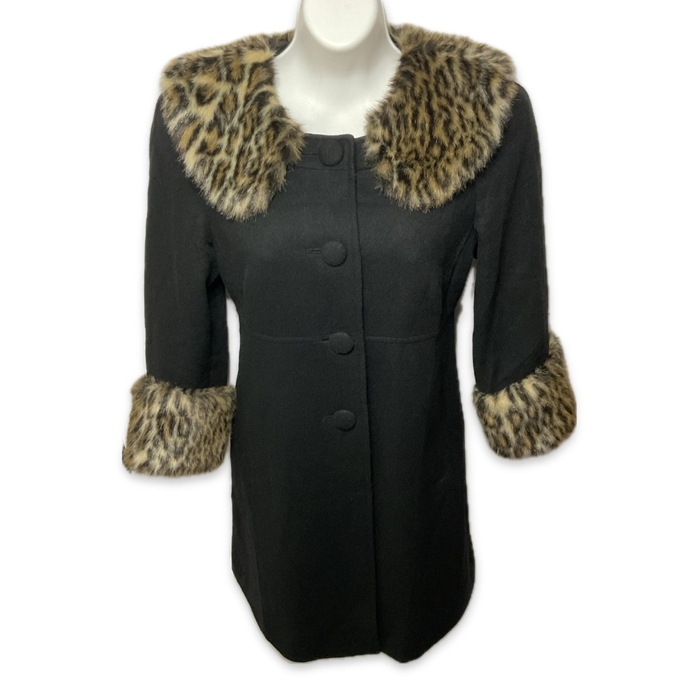 Leopard Print Faux fur Trimmed Wool Coat